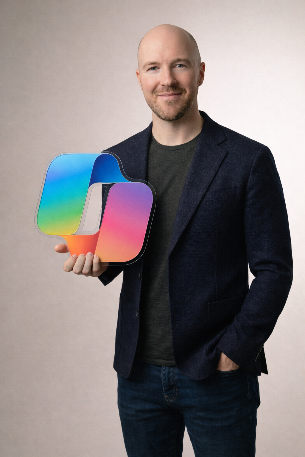 Julian Murphy holding a colorful Copilot logo made of glass
