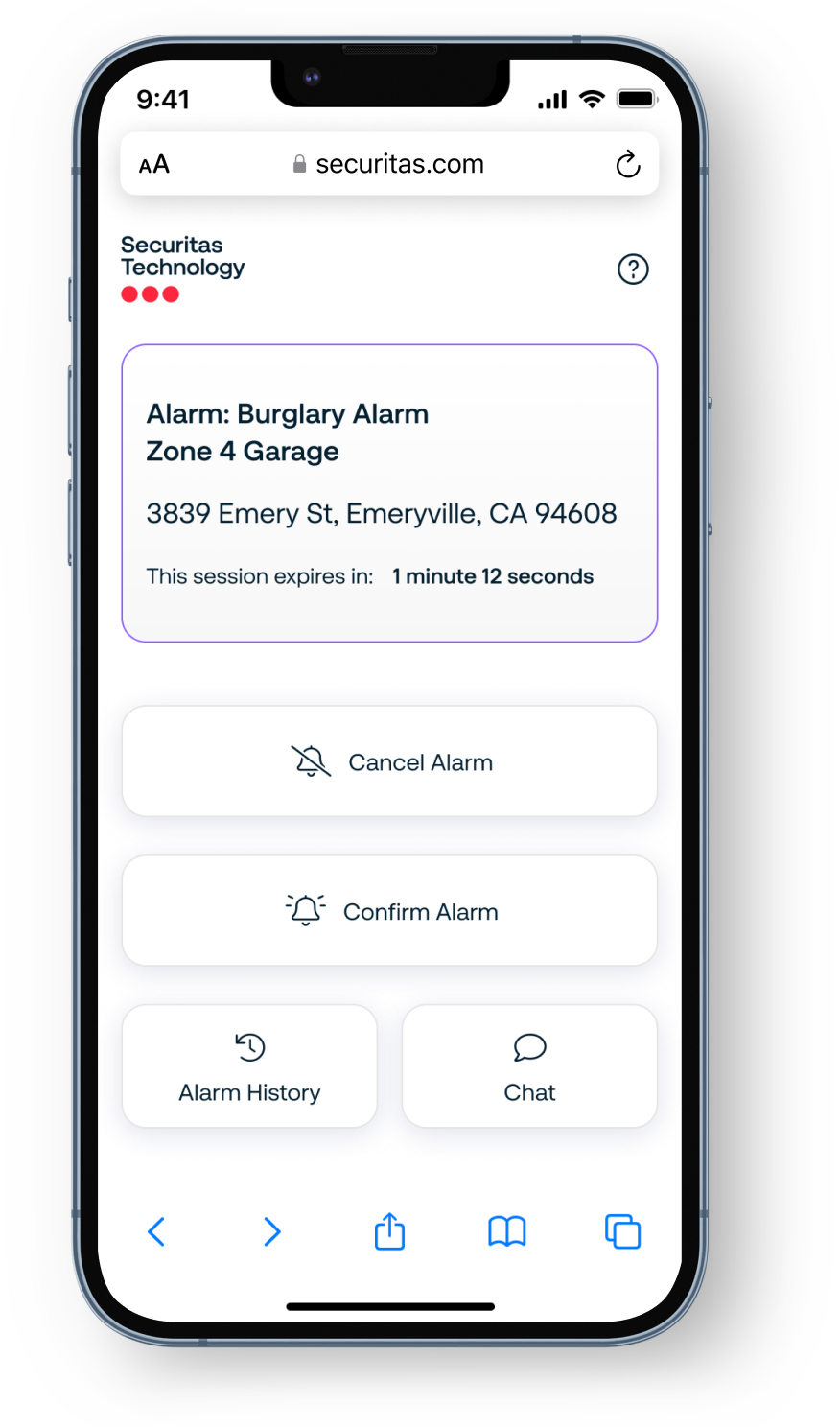 Image of the alarm manager application, running on an iPhone
