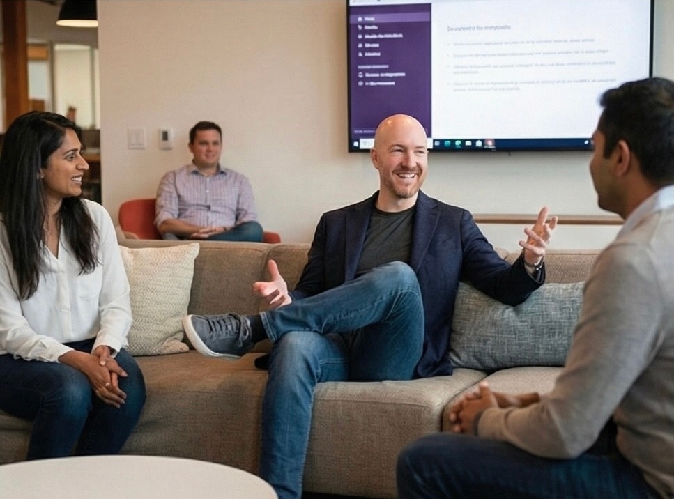 Julian Murphy discussing ideas with colleagues in a casual meeting