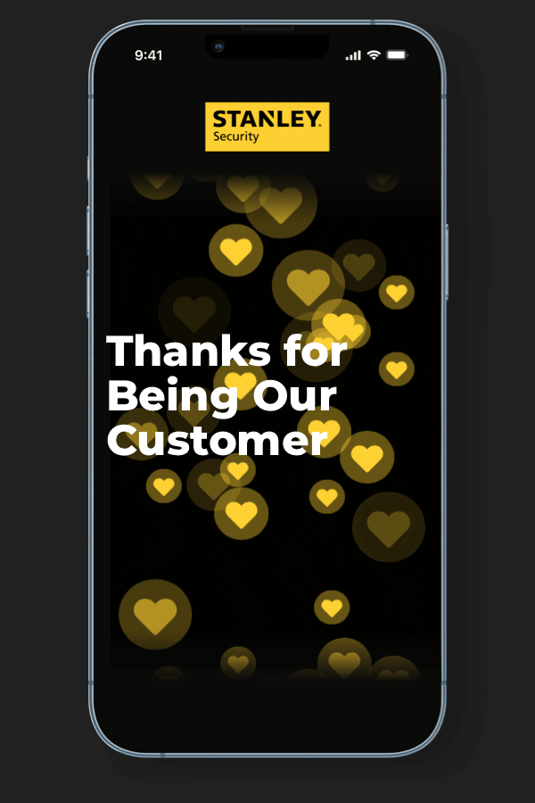Animation of an email on an iphone with multiple hearts moving from the bottom of the screen to the top and the text Thanks for being our customer visible on the screen