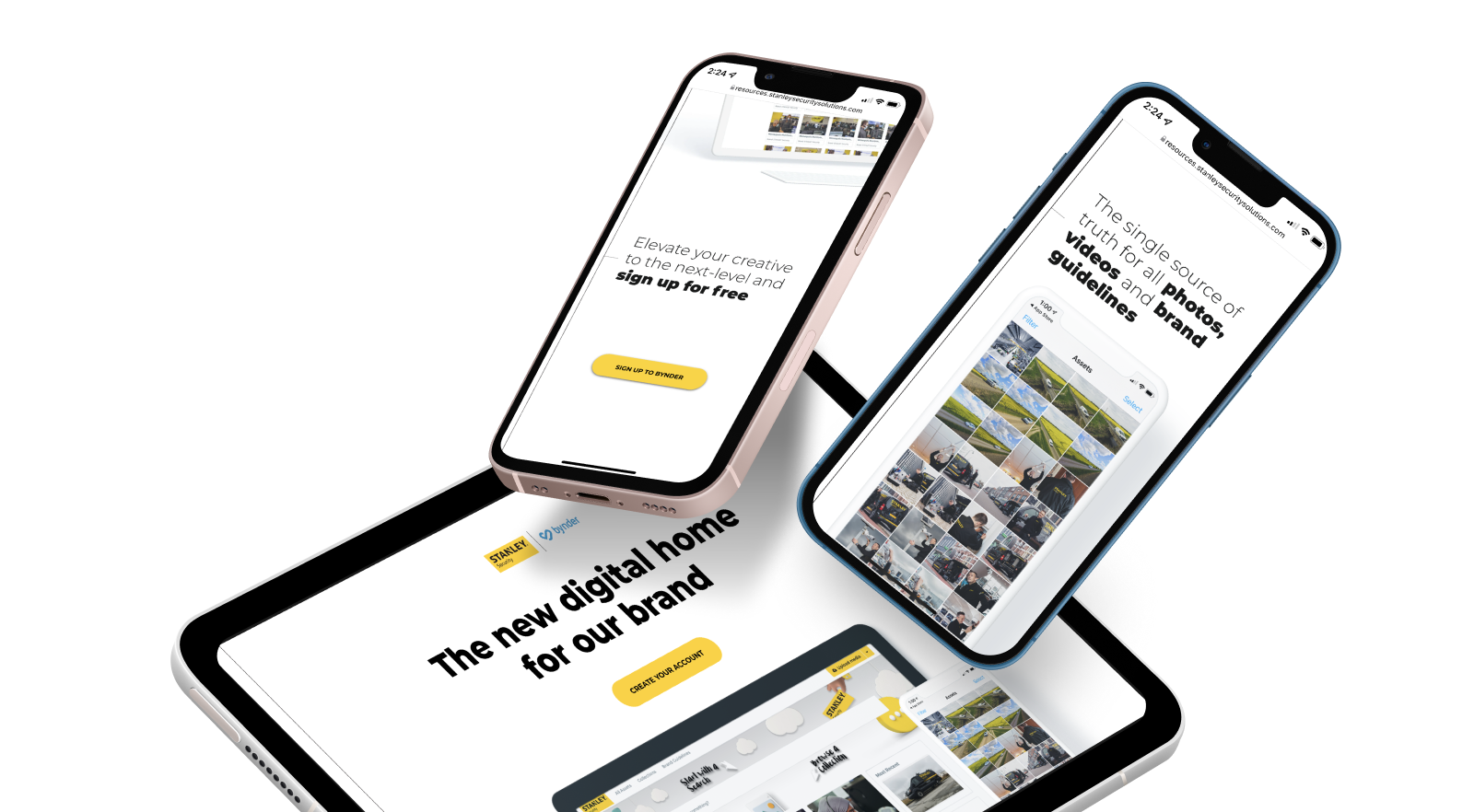 Collage of iphones and an ipad showing the Bynder landing page on the screens