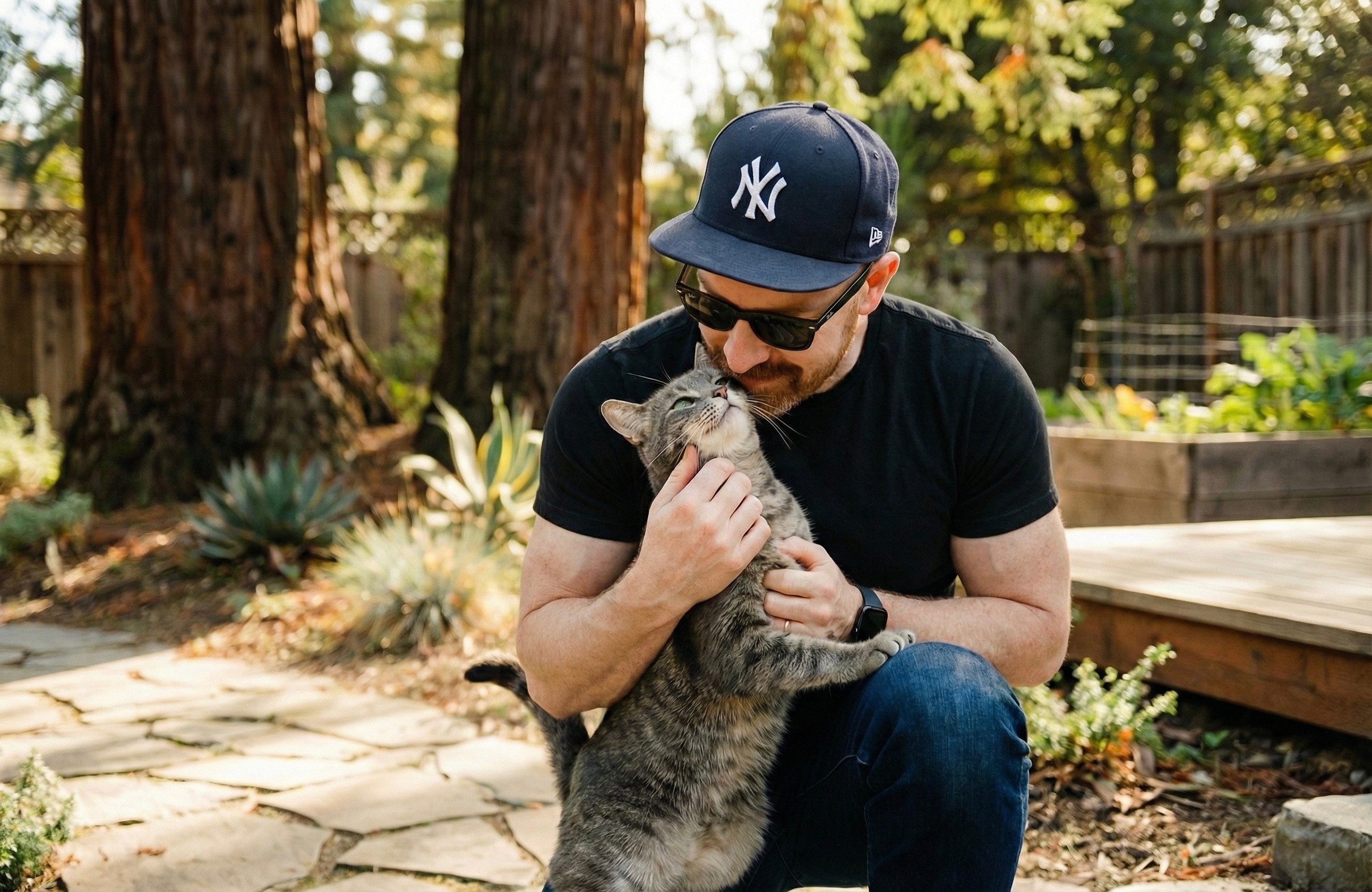 Julian Murphy holding a cat outdoors